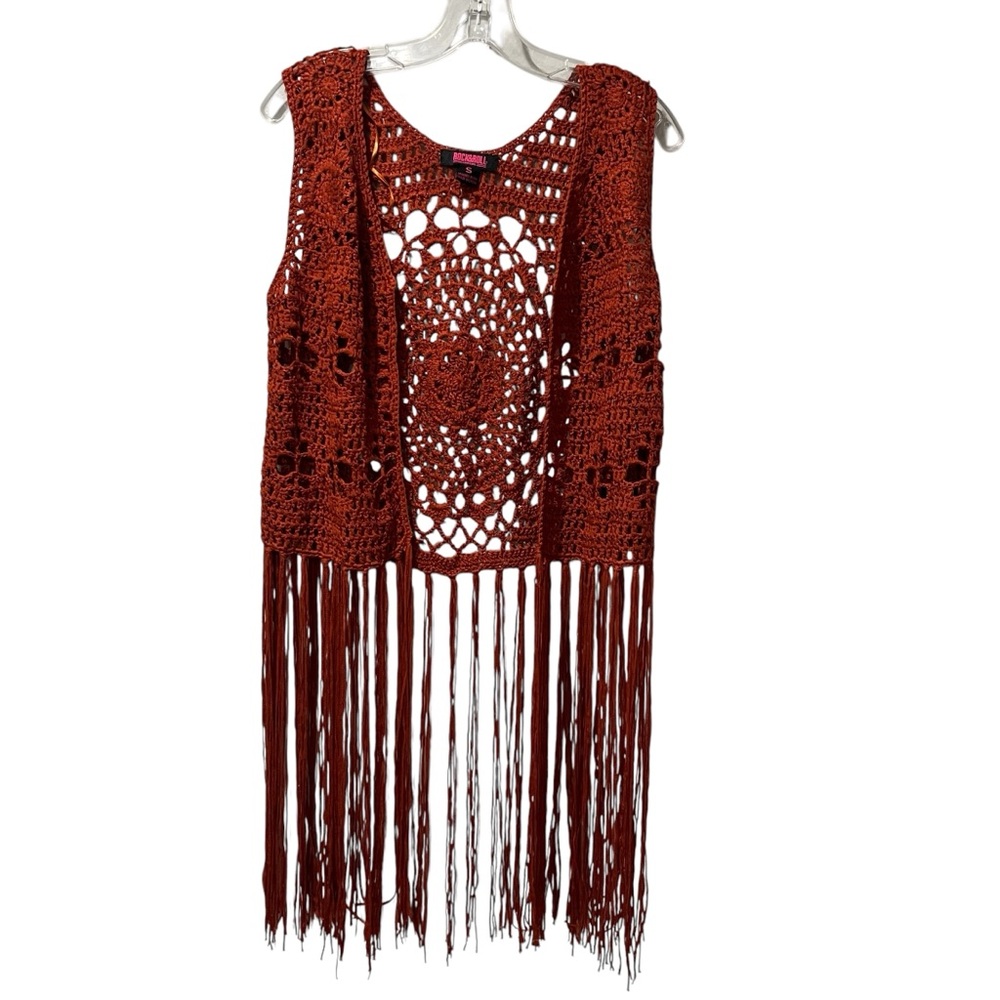 Rock & Roll Cowgirl Vest Small New Crochet Beige Fringe Red Orange Festival‎